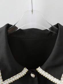 GlowEve CURVE Plus Size Solid Color Patchwork Ribbon Button Elegant Casual Women Blouse, Autumn/Winter Black Blouses - Black - View 6