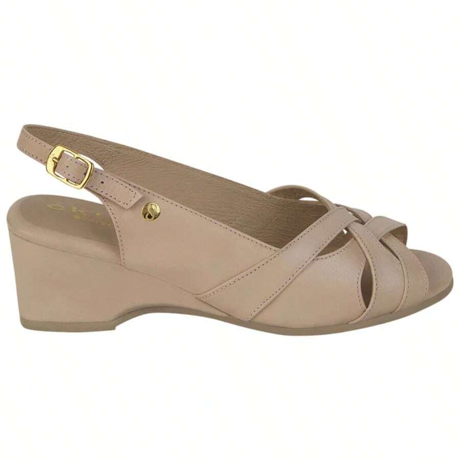 Zapato Sandalia De Cuña Beige De Piel Con Hebilla Plantilla Y Forro De Piel Material 100% Piel Vacuno Diseño Cómodo Para Mujer - Beis - Ver 1