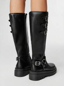 ROMWE 女士黑色弹力靴，暗黑摇滚朋克哥特风，厚底机车靴，过膝真皮骑行靴 - 黑色 - 查看 5