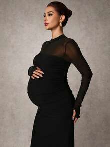 MaterniChic 秋季孕妇撞色网纱拇指孔连衣裙 - 黑色 - 查看 1