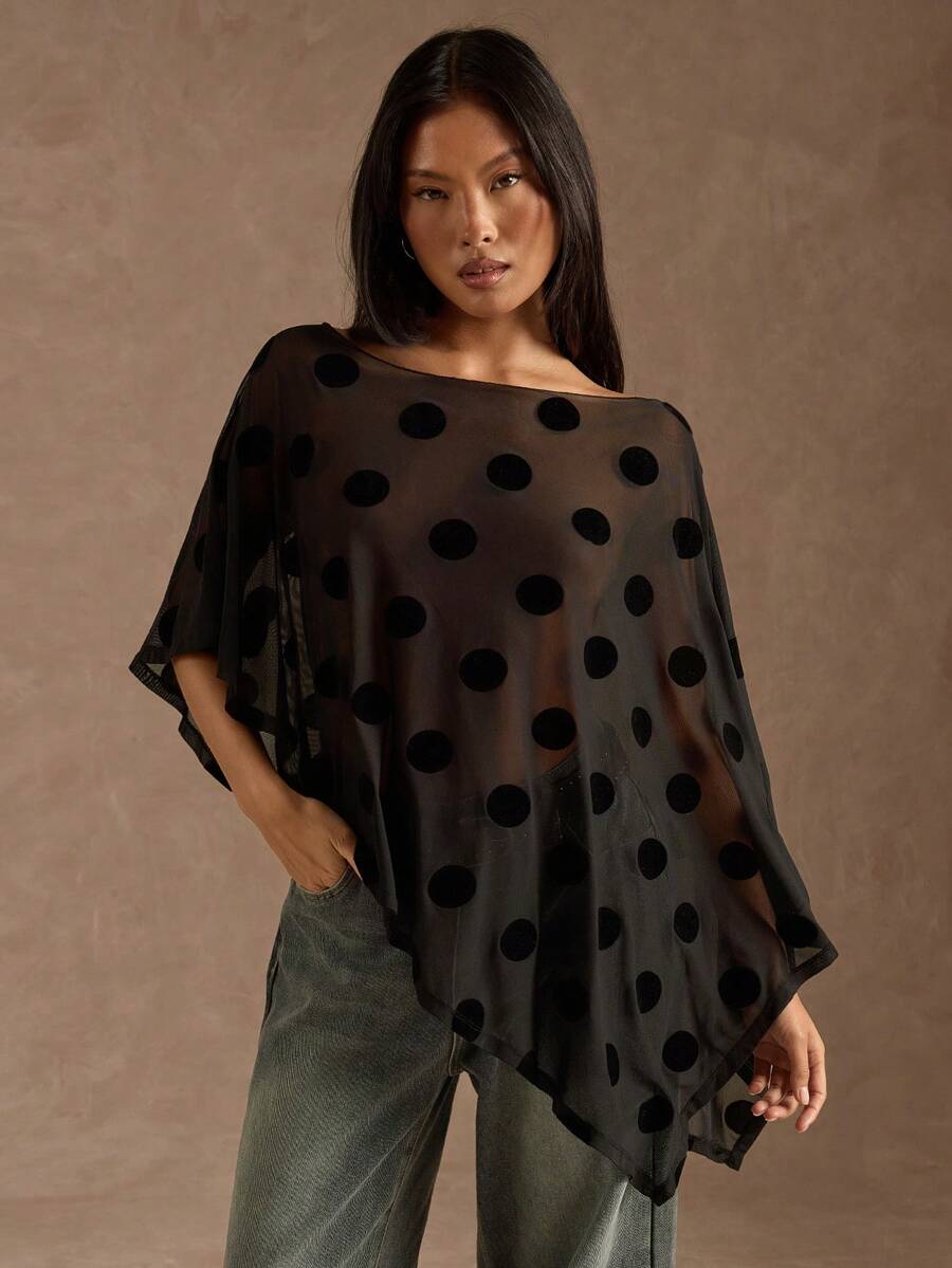 SHEIN BAE 女士黑色夜店时尚性感半透明波点露肩派对上衣，适合女士夜间外出聚会，波点薄纱上衣 - 黑色 - 查看 1