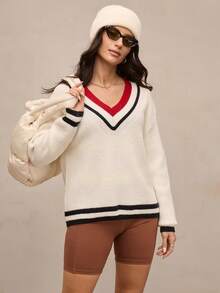 Activina Women's Golf & Tennis V-Neck Raglan Long Sleeve Striped Sweater - White - View 4