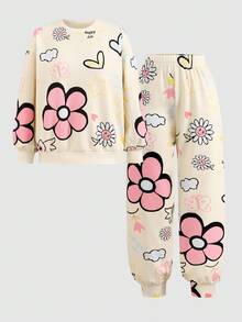 Set de 2 piezas de sudadera y pantalones casuales y holgados con estampado floral para adolescentes - Multicolor - Ver 5
