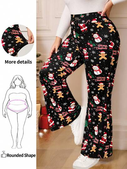 Enliva Plus Size Women Elastic Christmas Pattern Flare Pants, Winter, For Apple Rounded Body Shape