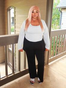 Enliva Obviously_ebony Plus Size Women's Elastic Flare Pants With Pocket Details, For Apple Rounded Body Shape - Black - View 8