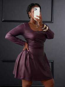 Slaydiva Elegant Autumn Dark Purple Long Sleeve Mini Dress,Night Out Club Party Event Fitted U-Neck Ruched Waist Hem Slit A-Line PU Coated Plus Size Burgundy - Coffee Brown - View 5