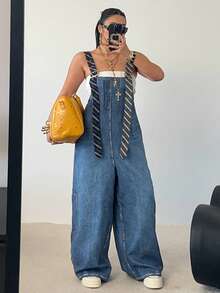 POPSWAY Plus Size Women's Denim Effect Bib & Brace Striped Contrast Color Large Pocket Casual Street Chic Jumpsuit, Suitable For Vacation, Dates, Parties, Outdoor - Blue - View 9