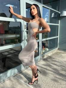 Carolina Barros فستان زلة ضيق أنيق وجذاب للنساء بلون أحادي وظهر مكشوف - رمادي - مشاهدة 5