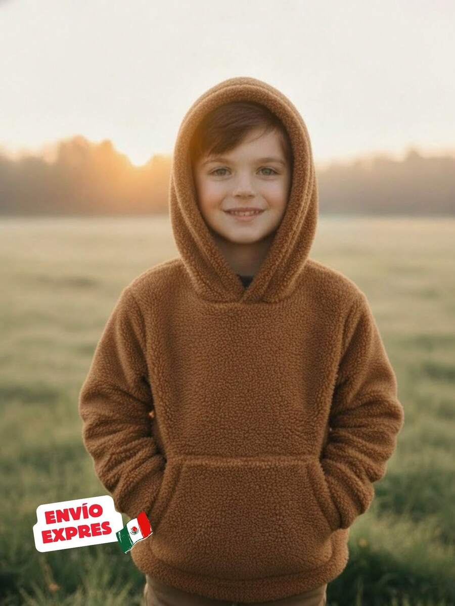 Sudadera de Doble Macuco, suave para niños pequeños con gorro y bolsa al frente. Estilo casual Ideal para invierno, otoño y días frescos. Chamarra Polar para niños de 3 a 7 años con capucha, bolsa de canguro y manga larga en colores vibrantes, cálida, cómoda y moderna. - Camel - Ver 1
