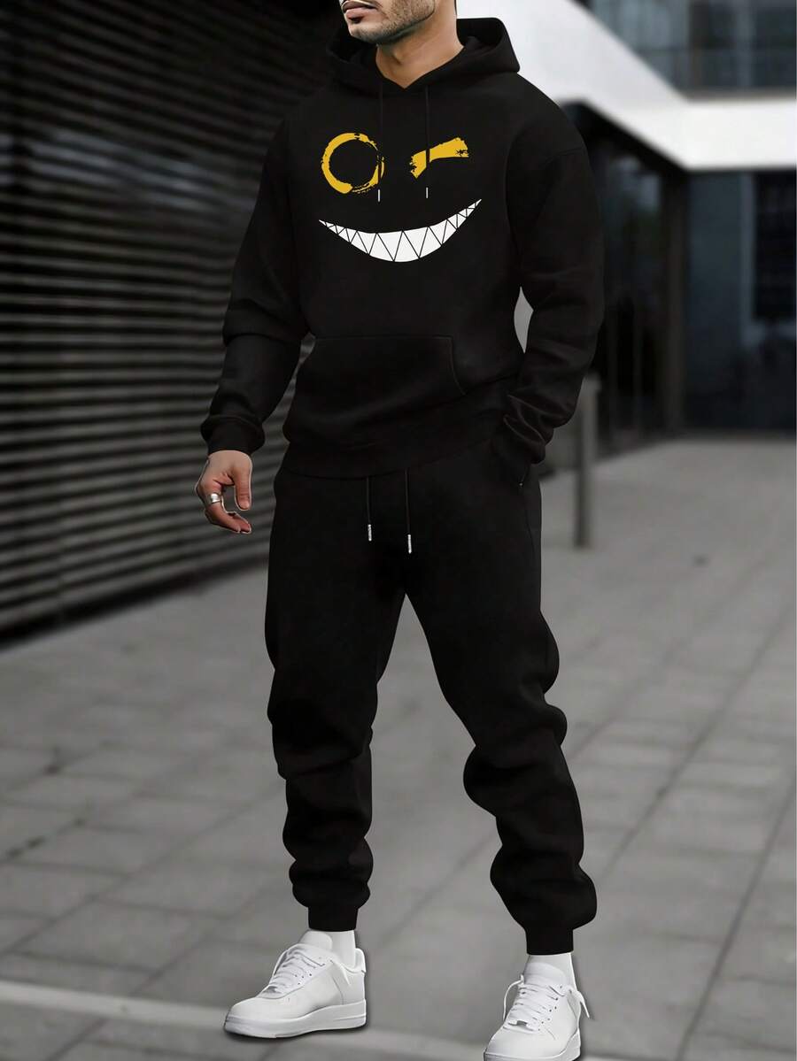 Hombre008 traje para hombre Conjunto de Sudadera con Capucha y Pantalones de Bolsillo con Cordón para Hombre, Estampado Alegre del Diablo, Grueso y Versátil, Manga Larga, Adecuado para Actividades al Aire Libre en Primavera - Negro 3 - Ver 1