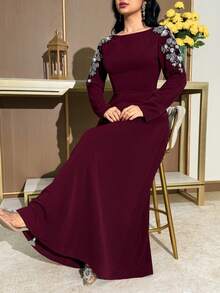 Modelyn 女士优雅浪漫长袖连衣裙 - 酒紅色 - 查看 6