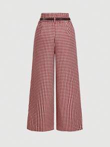 SHEIN MOD Quần ống rộng cạp cao họa tiết kẻ caro đỏ cổ điển cỡ lớn, trang phục công sở/đi làm thanh lịch - Màu Đỏ Sâu - Xem 2