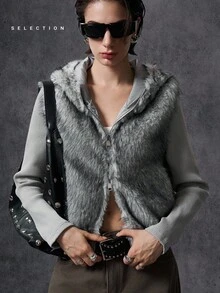 LYSMO 2025新款极简主义冬季女式休闲时尚街头风连帽长袖人造毛皮拉链开衫背心，秋冬灰色毛皮外套女式冬季服装外套女式秋季服装 - 灰色 - 查看 4