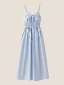 Muvela 女式夏季纯色系腰前系带吊带背心连衣裙、太阳裙 - 藍色 - 查看 1