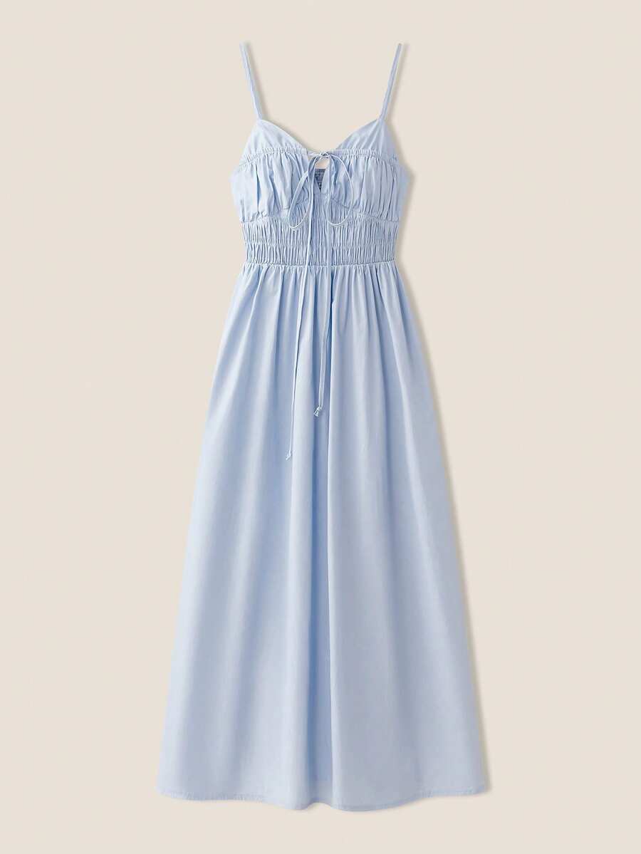 Muvela 女式夏季纯色系腰前系带吊带背心连衣裙、太阳裙 - 藍色 - 查看 1