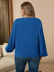 EMERY ROSE Plus Size Women's Casual Solid Color Round Neck Ribbed Long Sleeve - Blue - View 5