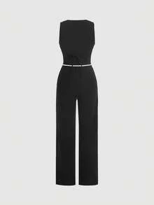 SHEIN MOD Black Date Night Front Buckle V-Shaped Hem Solid Button Front Vest Jacket & Seam Front Pants Two Pieces Set - Black - View 2
