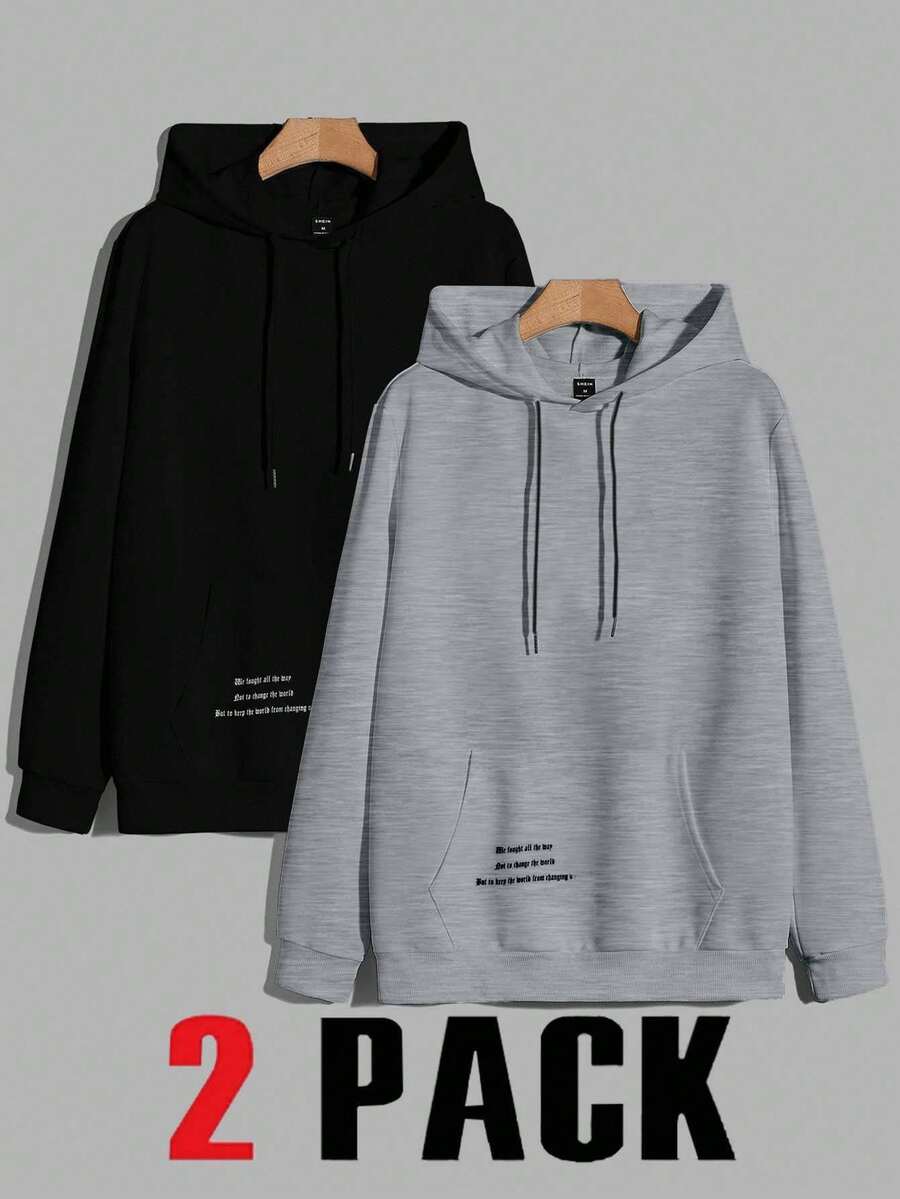 EURMUSE Cotton 2pcs Men's Basic English Letter Printed Pocket Design Slim Fit Sweatshirt Set - Multicolor - View 1