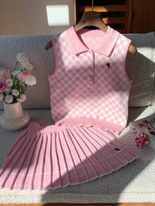 Comfortcana Women's Casual 2 Pieces Set: Knight Pattern Knitted Polo Collar Vest And Pleated Knitted Mini Skirt Plaid Two-Piece - Pink - View 1