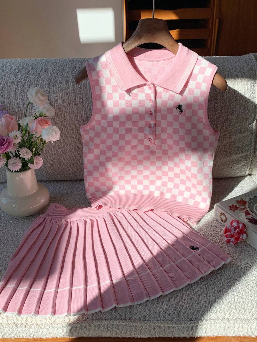 Comfortcana Women's Casual 2 Pieces Set: Knight Pattern Knitted Polo Collar Vest And Pleated Knitted Mini Skirt Plaid Two-Piece - Pink - View 1