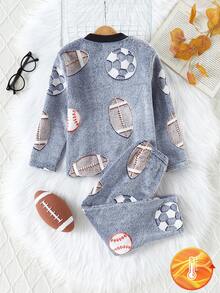 2 piezas Conjunto de top de manga larga con gráfico de fútbol y pantalones para niño pequeño, pijama/ropa de estar cómoda y suave de felpa, adecuada para otoño/invierno - Multicolor - Ver 2