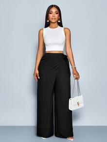 SOLERSUN Women's Linen-Like Belted High Waist Linen-Blend Tie Side Belted Wide Leg Pants - Black - View 5