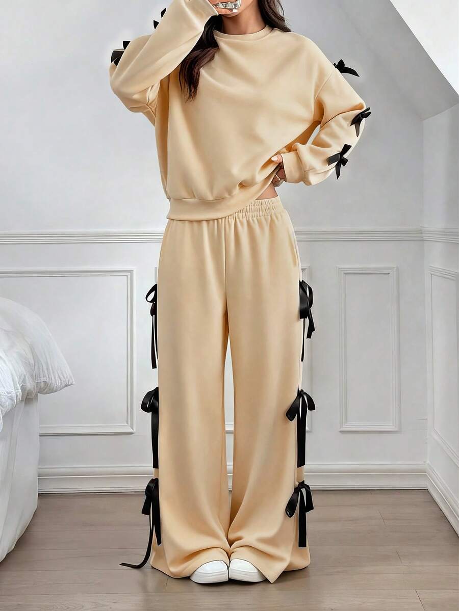 SHEIN EZwear 女士休闲宽松杏色蝴蝶结装饰两件套,冬季两件套 - 杏色 - 查看 1