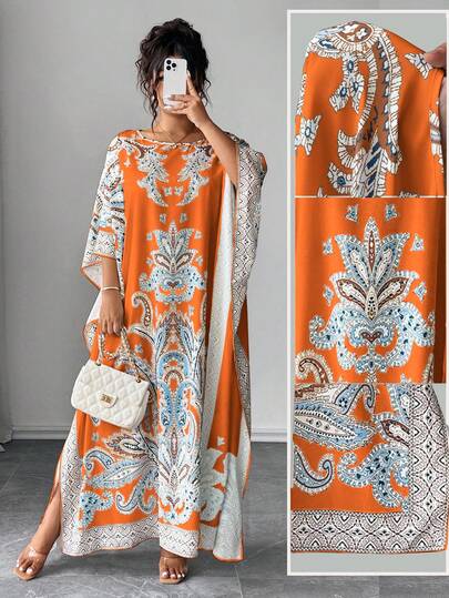 Elenzga Vestido de manga de murciélago de talla grande con cuello redondo y estampado, con ajuste holgado, adecuado para vacaciones y reuniones