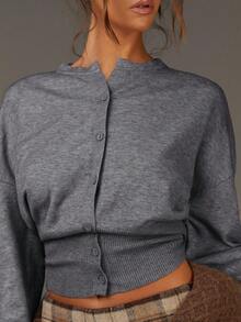 Athîral 女士纯色落肩长袖单排扣休闲短款针织开衫 - 灰色 - 查看 4