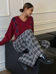 DAZY Pantalones anchos y sueltos de cuadros vintage, con cintura elástica, casuales para mujer, para otoño/invierno - Azul - Ver 6