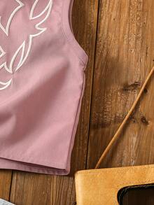 SHEIN 年轻女孩春夏 2025 新款西部图腾刺绣扭结酒红色衬衫，适合日常活动、郊游和社交聚会 - 藕粉色 - 查看 6