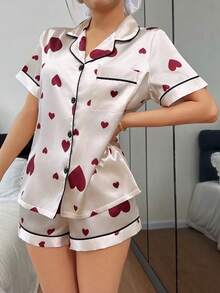 Dream Adore Conjunto de Pijama Cardigan com Gola de Lapela e Estampa de Coração em Seda Sintética - Damasco - Visão 1