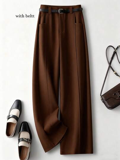 Franclia High-Waisted Loose Fit Straight Leg Pants With Belt, Khaki, Versatile For Casual And Business Wear, Spring/Autumn