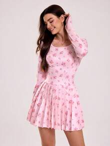 Sovereign Charm 女士U领插肩袖收腰印花休闲褶皱运动连衣裙 - 粉色 - 查看 5