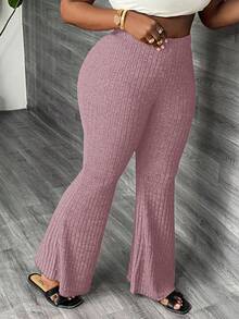 Slaydiva Plus Size Elastic Waist Casual Slim Fit Flare Pants, Ribbed, Suitable For Autumn & Summer - Pink - View 4