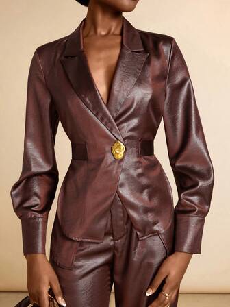 SHEIN Veneréa 光泽仿皮纹理缎面翻领长袖收腰不对称下摆优雅女士西装外套