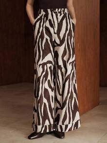 Franclia Women's High-Waisted Animal Print Wide-Leg Trousers,White Autumn Elegant Loose Straight Leg Double Pockets Casual Retro Style Date Comfortable Pants - Multicolor - View 3
