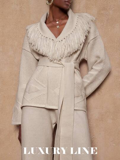 Lumalex 女士拼接流苏落肩长袖针织开衫和阔腿针织裤休闲套装