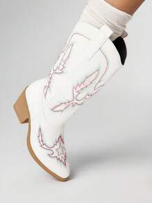 ROMWE Fairycore 1 Pair Women's Embroidered Chunky Heel Western Boots, Fashion Versatile Pointed Toe Mid-Calf Boots, All Season - White - View 3