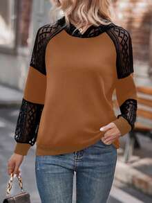 SHEIN LUNE 休闲撞色蕾丝拼接卫衣，秋季 - 彩色 - 查看 4