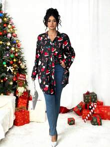 EMERY ROSE Plus Solid Button Front Blouse Women Shirt - Black - View 6