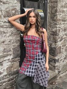 SHEIN Unity Vintage Plaid Patchwork Asymmetrical Hem Mini Dress For Women, Suitable For Dates,Summer Dresses For Women - Multicolor - View 4