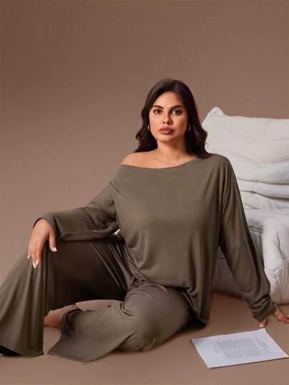 Lazeform Plus Size Casual Minimalist Off-Shoulder Long Sleeve Top And Wide Leg Pants Women Pajama Set Women Lounge Sets Pajamas Plus Size Set Plus Size Sleep Wear Plus Size Loungewear Pajama Sets For Women Curvy