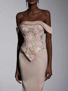 Elitara 优雅、迷人、时尚、色彩缤纷、亮片刺绣缎面滚边、露肩设计、落肩袖、二合一款式、带拖尾的美人鱼裙摆。适合婚礼宾客、各种正式场合、情人节和晚礼服。 - 卡其色 - 查看 5