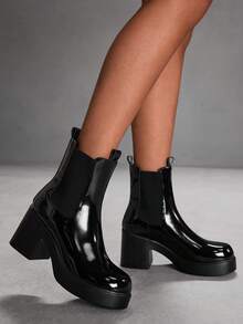 CUCCOO SZL Casual Street Thick Heel Solid Color Women Ankle Boots For Christmas - Black - View 4