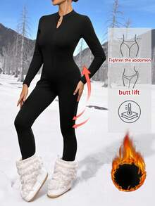 SHEIN Tall 黑色针织女士紧身连体滑雪服，秋冬季，黑色保暖加厚连体服，高个款 - 黑色 - 查看 1