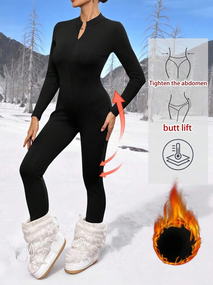 SHEIN Tall 黑色针织女士紧身连体滑雪服，秋冬季，黑色保暖加厚连体服，高个款 - 黑色 - 查看 1