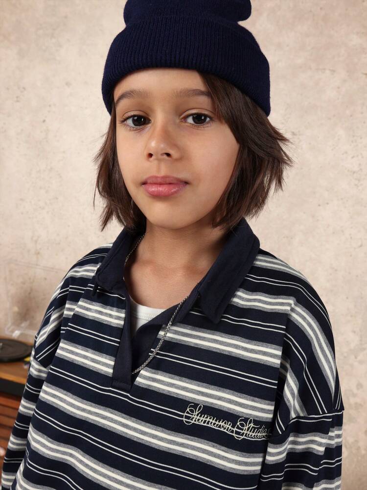 Striped Long Sleeve Polo Shirt With Collar