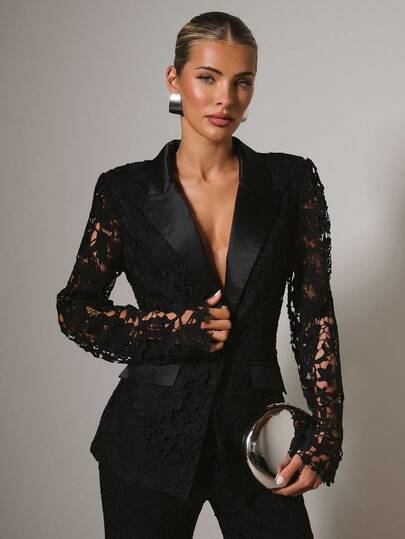 COSMINA Conjunto de traje elegante de encaje con escote profundo para mujer, minimalista y estructurado, para otoño/invierno