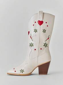 Solezae Women's Glamorous Point Toe Block Heel Embroidery Mid-Calf Cowgirl Boots For Christmas - White - View 3